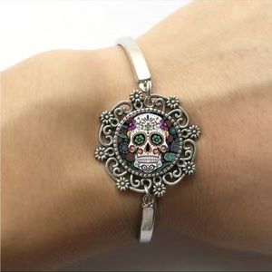 Vintage Style Skull Bracelet Artistic Photo Glass Gem Zinc Alloy Lace Charm Silv